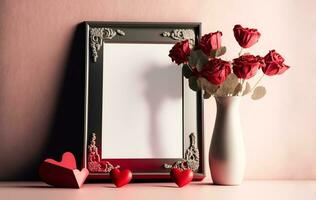 Realistic Blank Photo Frame With Roses Pot And Hearts.