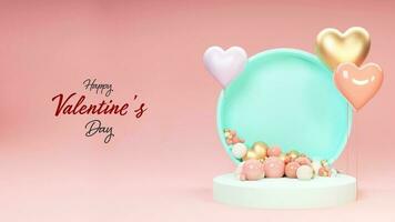 Happy Valentine's Day Poster Or Landing Page Design With 3D Render, Circular Stage Decorated With Heart Shapes. photo