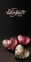 Happy Valentines Day Text With 3D Render Of Bronze And Copper Ethnic Hearts Shapes. photo