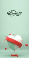 Happy Valentine's Day Text With Soft Color Heart Balloon, Red Ribbon. 3D Render. photo
