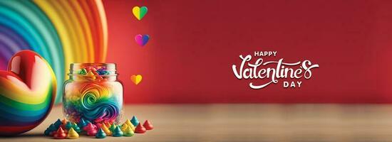 Happy Valentine's Day Text With 3D Render Of Hearts With Swirl Jar On Rainbow Style Illustration. photo