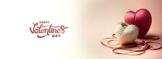 contento San Valentín día texto con 3d hacer de bordado cinta o hilo corazón formas en dos color. foto