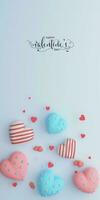 Happy Valentine's Day Calligraphy Text With Soft Color Heart Shapes On Pastel Blue Background.  Vertical Template, Standee Poster, Banner Design. photo