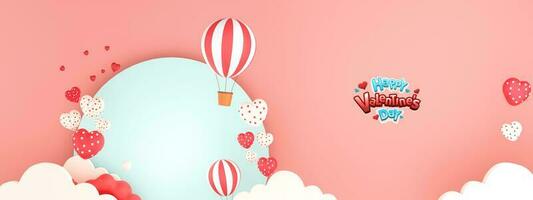 Happy Valentine's Day Header Or Banner Design With Hearts Shapes, Hot Air Balloons Against Round Frame and Clouds. photo