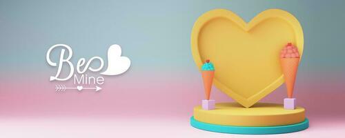 Happy Valentine's Day Concept, 3D Render of Yellow Heart Shape Frame With Image Placeholder And Ice Cream Cones On Podium. photo