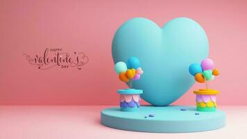 Happy Valentine's Day Landing Page Or Banner Design With 3D Render, Heart Shape Podium With Colorful Balloons. photo