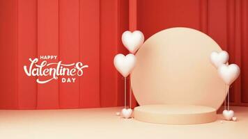 Happy Valentines Day Text With Blank Circular Frame, Podium Space For Image And Heart Balloons. photo