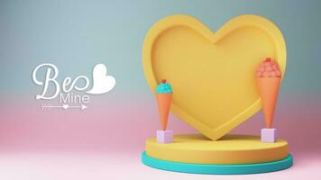 Happy Valentine's Day Concept, 3D Render of Yellow Heart Shape Frame With Image Placeholder And Ice Cream Cones On Podium. photo