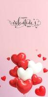 Happy Valentine's Day Standee Poster Or Banner Design With 3D Render, Red And White Heart  Balloons Bunch. photo