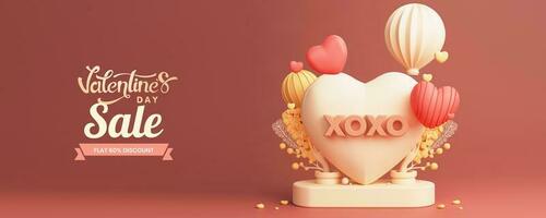Valentine's Day Sale Banner Or Poster With Discount Offer, Heart Shape Frame With Podium, Balloons And Decorative Elements. 3D Render. photo