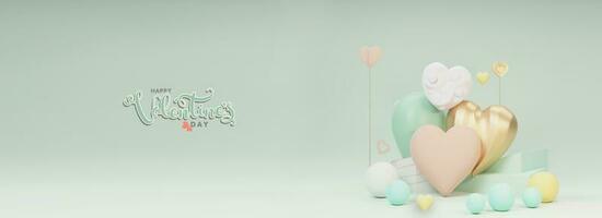 Happy Valentine's Day Header Or Banner Design With 3D Render, Colorful Heart Shapes, Spheres, photo