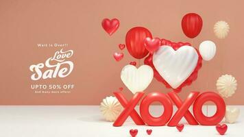 Love Sale Header Or Banner Design With Upto Off Discount Offers, 3D Render, XOXO Text With Heart Shapes. photo