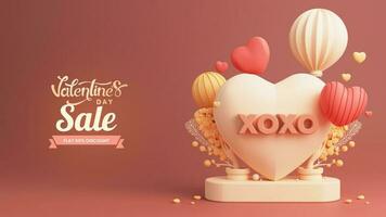 Valentine's Day Sale Banner Or Poster With Discount Offer, Heart Shape Frame With Podium, Balloons And Decorative Elements. 3D Render. photo