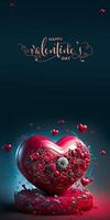 Happy Valentine's Day Text With 3D Render Of Red Heart Shape Decorated With Floral On Podium. photo