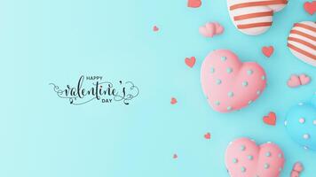 Happy Valentine's Day Calligraphy Text With Soft Color Heart Shapes On Turquoise Background. Landing Pge, Poster Or Banner Design. photo