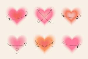 Set of blurred gradient hearts with a linear shape and stars. Trendy y2k style design template. Modern minimalistic style. Social media or logo elements. vector