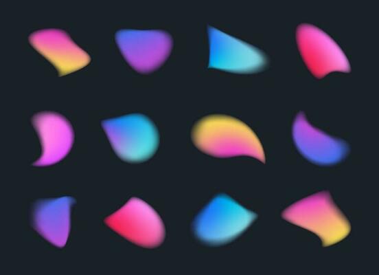 Y2k style blurred gradient abstract shapes set. Blurry organic shapes, aura aesthetic elements. Vibrant soft blurry color gradients.  Vector illustration.