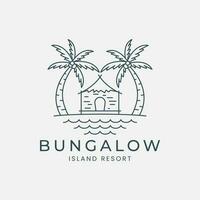 bungalow línea Arte logo vector ilustración modelo diseño. recurso isla, palma árbol y Oceano logo