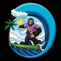 Sasquatch surfing with waves vector illustration