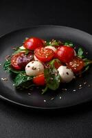 Delicious fresh salad with mozzarella cheese, cherry tomatoes, herbs, salt and spices photo