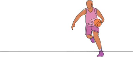 Single kontinuierlich Linie Zeichnung von jung gesund Basketball Spieler Dribbling ein Ball. wettbewerbsfähig Sport Konzept. modisch einer Linie zeichnen Design Illustration zum Basketball Turnier Beförderung Medien png