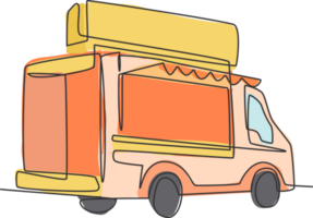 uno singolo linea disegno di Vintage ▾ cibo camion per Festival logo illustrazione. mobile veloce cibo bar menù e ristorante distintivo concetto. moderno continuo linea disegnare design strada cibo logotipo png