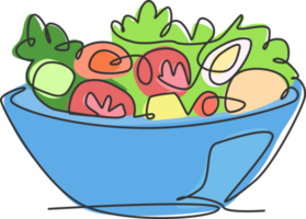 Single kontinuierlich Linie Zeichnung von stilisiert Gemüse Salat auf Schüssel Logo Etikett. gesund Essen Restaurant Konzept. modern einer Linie zeichnen Design Illustration zum Cafe, Geschäft oder Essen Lieferung Bedienung png