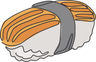 1 contínuo linha desenhando fresco delicioso japonês nigiri Sushi Barra restaurante logotipo emblema. Japão mar Comida fazer compras logótipo modelo conceito. moderno solteiro linha desenhar Projeto gráfico ilustração png