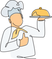 un continu ligne dessin de homme chef personnage posé les pouces en haut geste pour restaurant logo emblème. nourriture café magasin logotype modèle concept. moderne Célibataire ligne dessiner conception illustration png