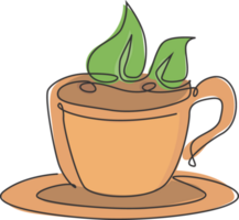 un continu ligne dessin de Frais chaud tasse de thé avec vert Naturel thé feuilles logo emblème. boisson boutique et café logotype modèle concept. moderne Célibataire ligne dessiner conception illustration png