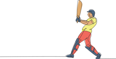 Single continuous line drawing of young agile man cricket player successfully hit the ball at field illustration. Sport exercise concept. Trendy one line draw design for cricket promotion media png