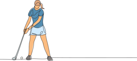 1 solteiro linha desenhando do jovem desportivo golfe jogador bater a bola usando golfe clube gráfico ilustração. saudável esporte conceito. moderno contínuo linha desenhar Projeto para golfe torneio poster png