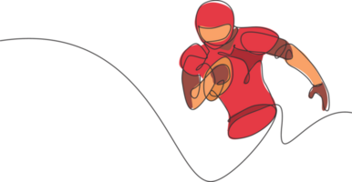 One single line drawing of young energetic man american football player running hold the ball to reach score line. Sport competition concept. Modern continuous line draw design illustration png