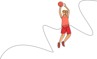 1 solteiro linha desenhando do jovem enérgico basquetebol jogador pulando e tiroteio bola ilustração. saudável esporte conceito. moderno contínuo linha desenhar Projeto para basquetebol torneio bandeira png