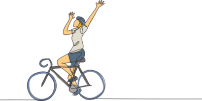 enda kontinuerlig linje teckning ung vig man cyklist höja hans händer upp till fira en vinna. sport livsstil begrepp. ett linje dra design grafisk illustration för cykling lopp befordran media png