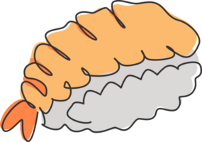 een single lijn tekening vers Japans nigiri sushi bar logo grafisch illustratie. Japan zee voedsel cafe menu en restaurant insigne concept. modern doorlopend lijn trek ontwerp straat voedsel logotype png