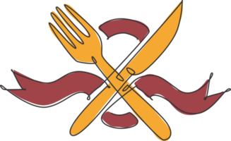 einer kontinuierlich Linie Zeichnung von Messer und Gabel mit Band zum Restaurant Logo Emblem. Luxus Cafe Geschäft Logo Vorlage Konzept. modern Single Linie zeichnen Design Grafik Illustration png