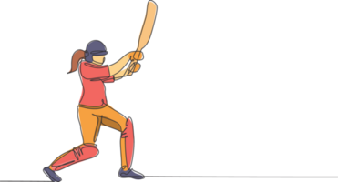 uno singolo linea disegno di giovane energico donna cricket giocatore in piedi e colpire il palla così difficile illustrazione. sport concetto. moderno continuo linea disegnare design per cricket concorrenza bandiera png