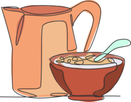 uno soltero línea dibujo de cuenco de cereal desayuno y lanzador de Leche gráfico ilustración. sano diario comida Insignia concepto. moderno continuo línea dibujar diseño natural comida logotipo png