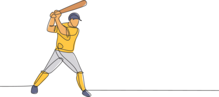 uno continuo línea dibujo de joven deportivo hombre béisbol jugador práctica a golpear el pelota a campo. competitivo deporte concepto. dinámica soltero línea dibujar diseño ilustración para promoción póster png