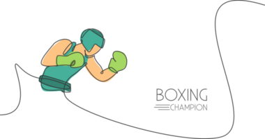 One continuous line drawing of young sporty man boxer focus practicing at gym. Competitive combat sport concept. Dynamic single line draw design illustration for boxing match promotion poster png