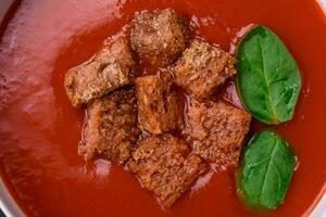 Delicious fresh gazpacho with breadcrumbs, salt and spices in a ceramic plate photo