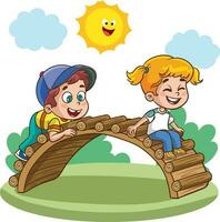 Illustration of Kids Playing on a Wooden Bridge on a Sunny Day vector