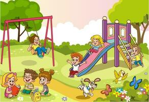 Vector illustration of happy kids playing in playground