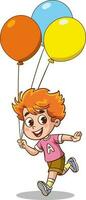 Cute boy running with balloons. Vector cartoon illustration.