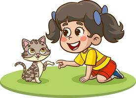 little children playing together with cute cat vector