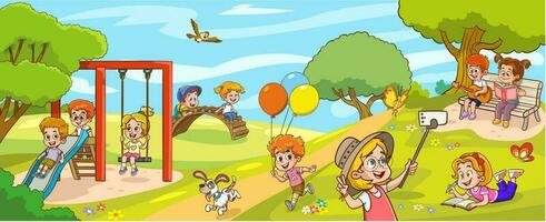 ilustración vectorial de niños felices jugando en el patio de recreo vector