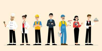 conjunto de vector ilustraciones hombres y mujer trabajadores desde diferente profesiones vistiendo profesional uniformes.feliz labor día concepto.