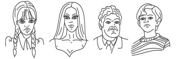 Portraits of the whole Adams family on a white background are made in a linear style. Monochrome contour shades. Black and white background with people on Halloween. Printing Stickers. Wednesday vector