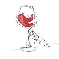 Man sitting under glass of wine. Alcohol addiction concept vector